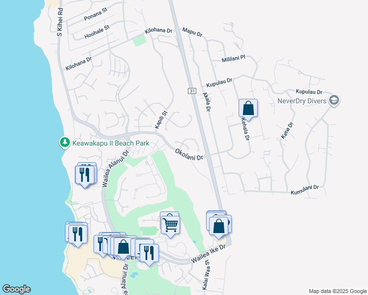 map of restaurants, bars, coffee shops, grocery stores, and more near 3376 East Lani Ikena Way in Kihei