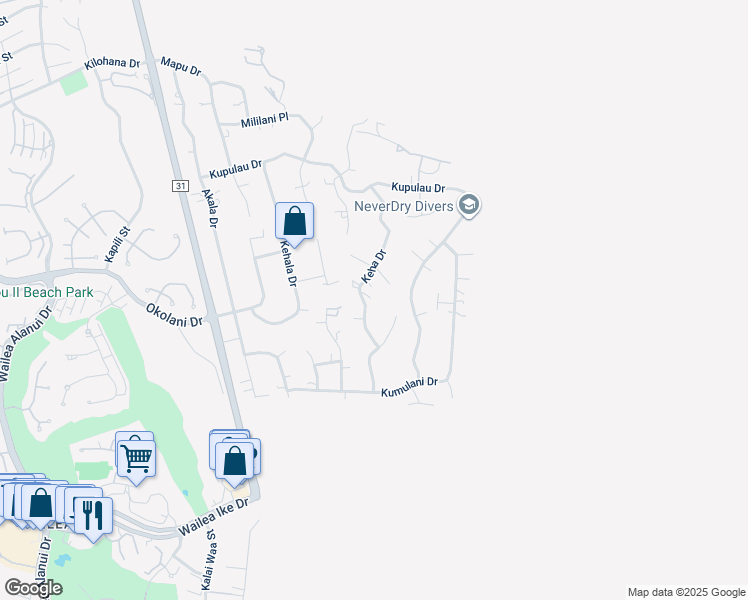 map of restaurants, bars, coffee shops, grocery stores, and more near 3381 Keha Drive in Kihei