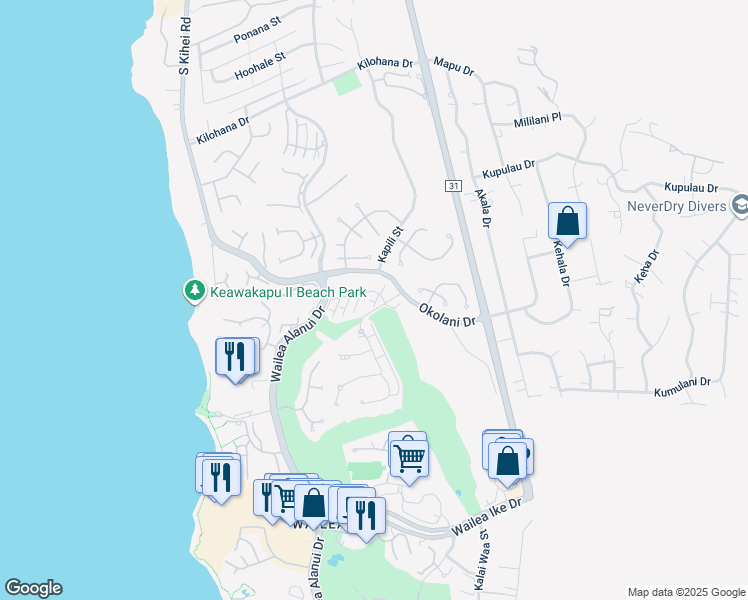 map of restaurants, bars, coffee shops, grocery stores, and more near 36 Kai Malu Drive in Kihei