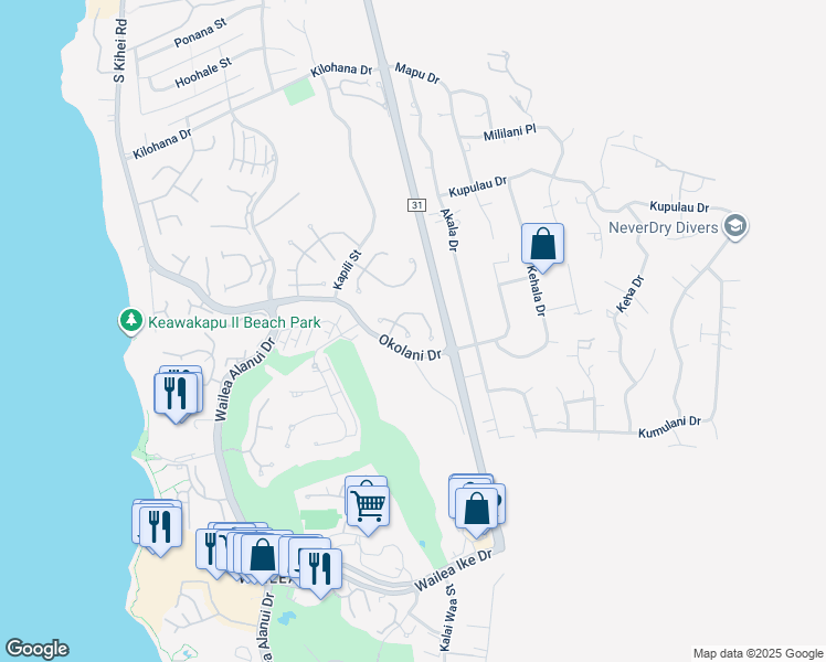 map of restaurants, bars, coffee shops, grocery stores, and more near 3381 East Lani Ikena Way in Kihei