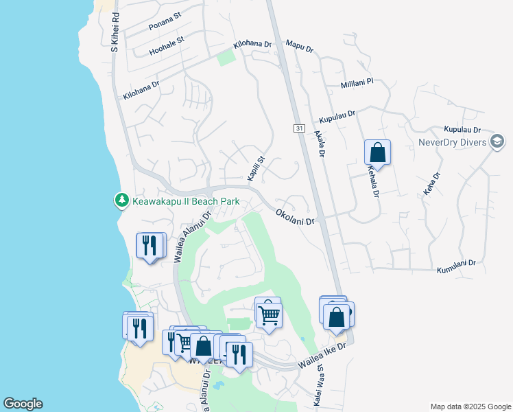 map of restaurants, bars, coffee shops, grocery stores, and more near 78 Kai Malu Drive in Kihei
