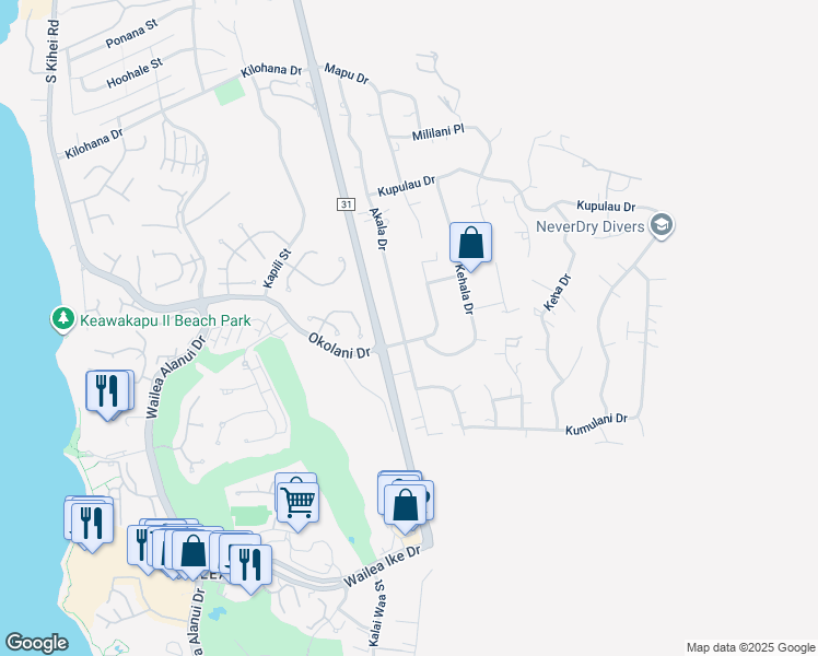 map of restaurants, bars, coffee shops, grocery stores, and more near 3403 Akala Drive in Kihei