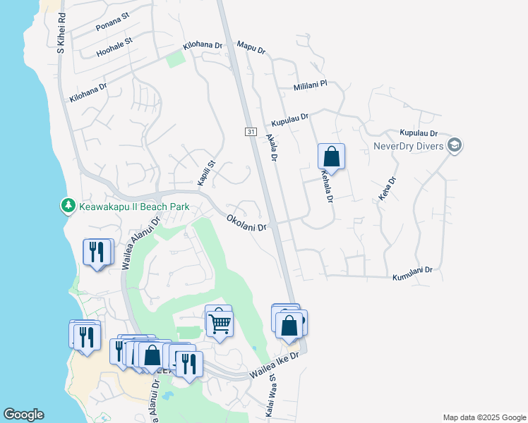 map of restaurants, bars, coffee shops, grocery stores, and more near 381 Kualono Place in Kihei