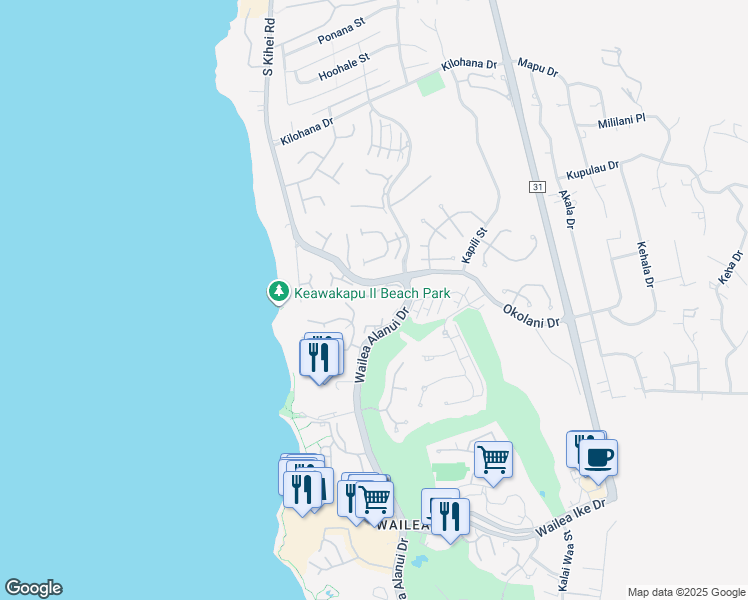 map of restaurants, bars, coffee shops, grocery stores, and more near 3300 Wailea Alanui Drive in Kihei