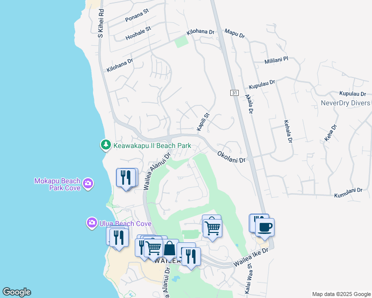 map of restaurants, bars, coffee shops, grocery stores, and more near 24 Kai Malu Drive in Kihei