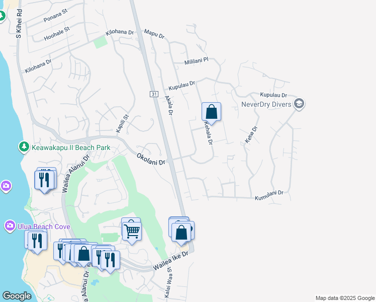 map of restaurants, bars, coffee shops, grocery stores, and more near 463 Mikioi Place in Kihei
