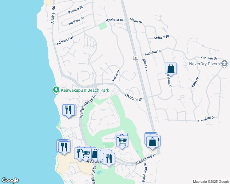 map of restaurants, bars, coffee shops, grocery stores, and more near 14 Kai Malu Drive in Kihei