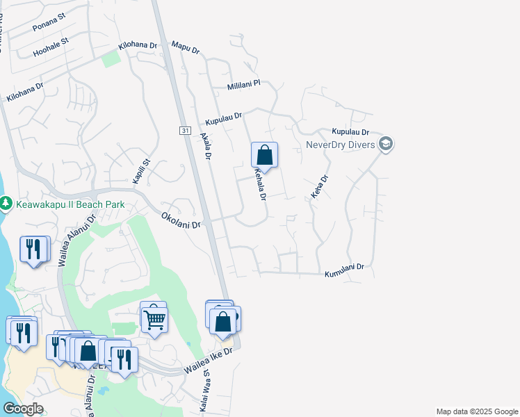 map of restaurants, bars, coffee shops, grocery stores, and more near 3416 Kehala Drive in Kihei