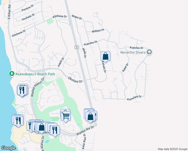 map of restaurants, bars, coffee shops, grocery stores, and more near 463 Mikioi Place in Kihei