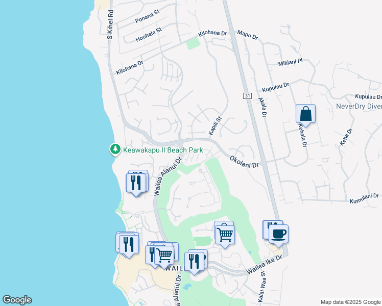 map of restaurants, bars, coffee shops, grocery stores, and more near 60 Kai Malu Drive in Kihei