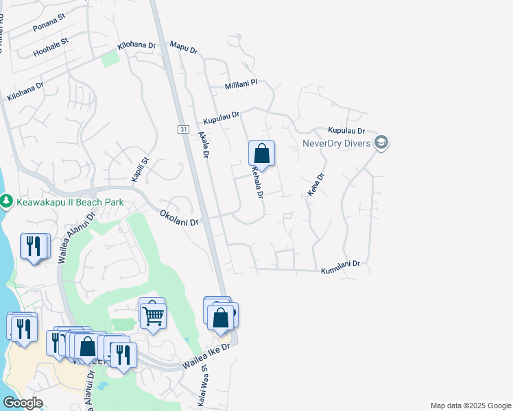 map of restaurants, bars, coffee shops, grocery stores, and more near 3416 Kehala Drive in Kihei