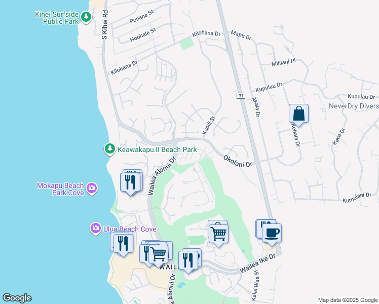 map of restaurants, bars, coffee shops, grocery stores, and more near 48 Kai Malu Drive in Kihei