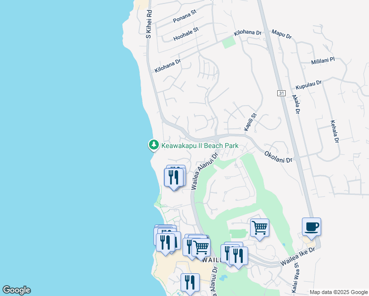 map of restaurants, bars, coffee shops, grocery stores, and more near 3300 Wailea Alanui Drive in Kihei