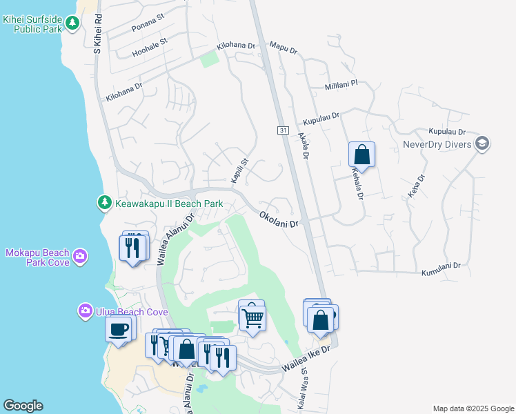 map of restaurants, bars, coffee shops, grocery stores, and more near 3360 West Lani Ikena Way in Kihei