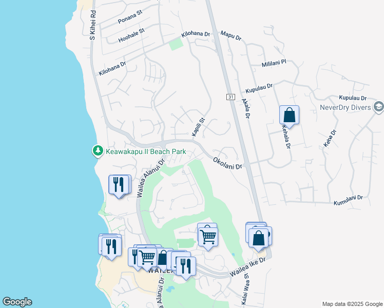 map of restaurants, bars, coffee shops, grocery stores, and more near 14 Kai Malu Drive in Kihei
