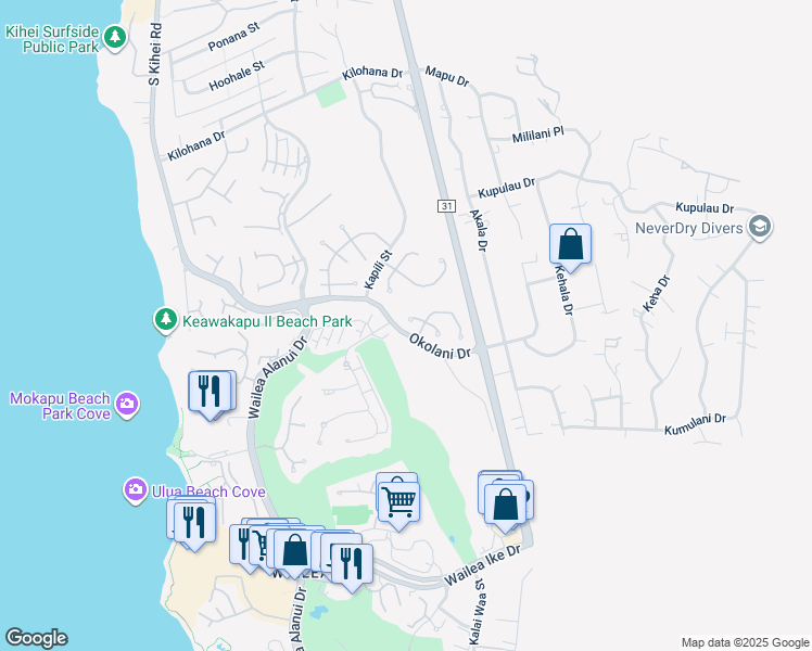 map of restaurants, bars, coffee shops, grocery stores, and more near 3360 West Lani Ikena Way in Kihei