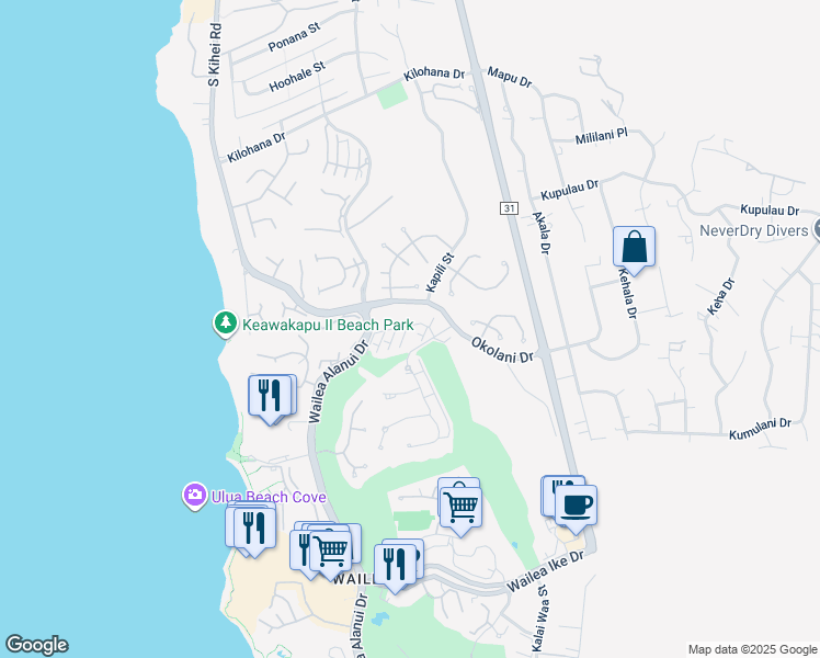 map of restaurants, bars, coffee shops, grocery stores, and more near 36 Kai Malu Drive in Kihei