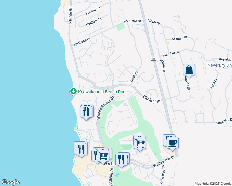 map of restaurants, bars, coffee shops, grocery stores, and more near 72 Kai Malu Drive in Kihei