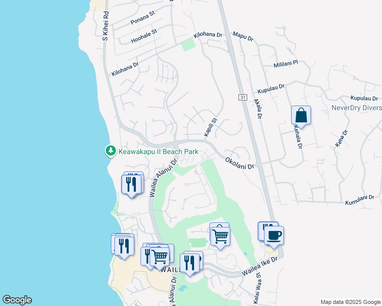 map of restaurants, bars, coffee shops, grocery stores, and more near 48 Kai Malu Drive in Kihei