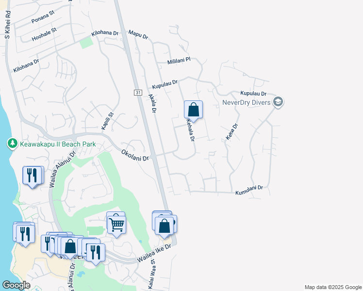 map of restaurants, bars, coffee shops, grocery stores, and more near 480 Mikioi Place in Kihei