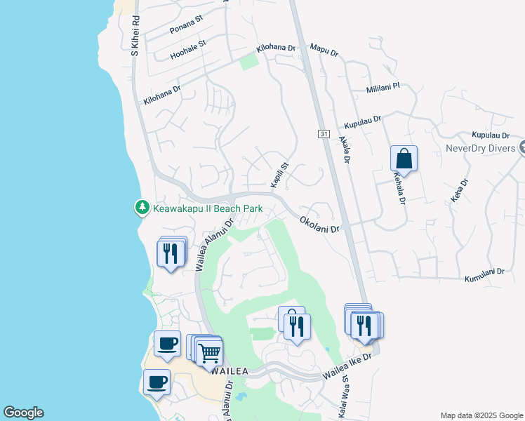map of restaurants, bars, coffee shops, grocery stores, and more near 36 Kai Malu Drive in Kihei