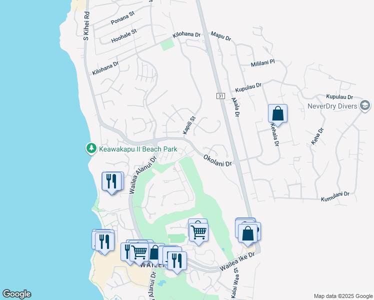 map of restaurants, bars, coffee shops, grocery stores, and more near 14 Kai Malu Drive in Kihei