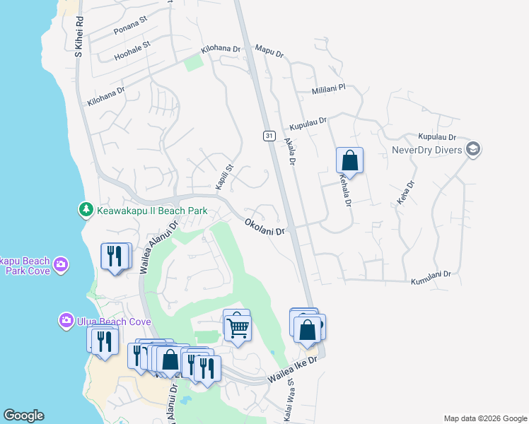 map of restaurants, bars, coffee shops, grocery stores, and more near 3377 East Lani Ikena Way in Kihei