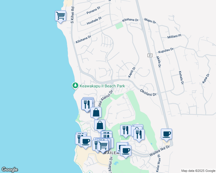 map of restaurants, bars, coffee shops, grocery stores, and more near 3300 Wailea Alanui Drive in Kihei