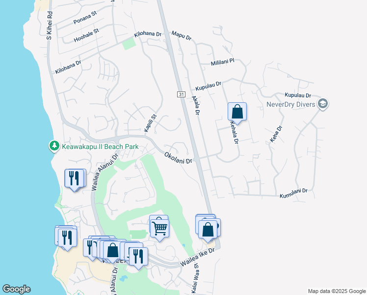 map of restaurants, bars, coffee shops, grocery stores, and more near 374 Kualono Place in Kihei