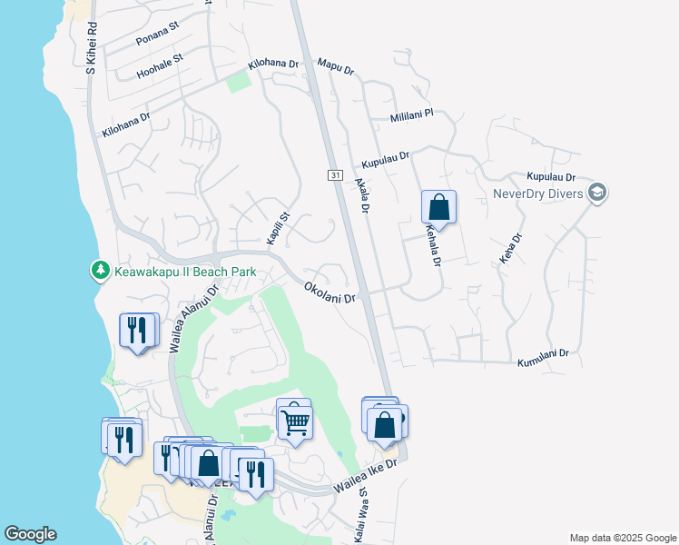 map of restaurants, bars, coffee shops, grocery stores, and more near 374 Kualono Place in Kihei