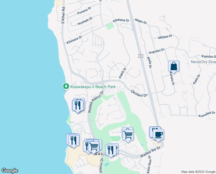 map of restaurants, bars, coffee shops, grocery stores, and more near 56 Kai Malu Drive in Kihei