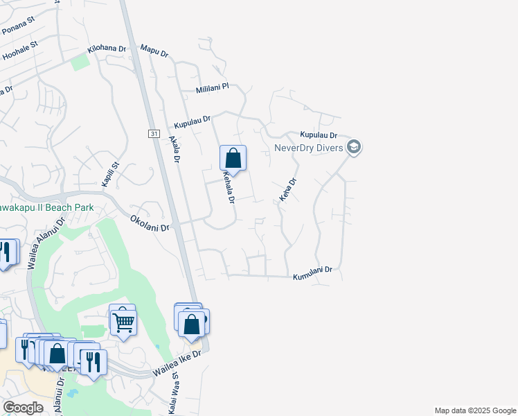 map of restaurants, bars, coffee shops, grocery stores, and more near 3418 Kuaua Place in Kihei