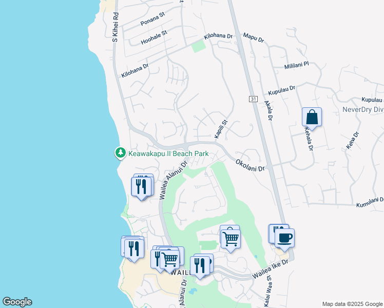 map of restaurants, bars, coffee shops, grocery stores, and more near 72 Kai Malu Drive in Kihei
