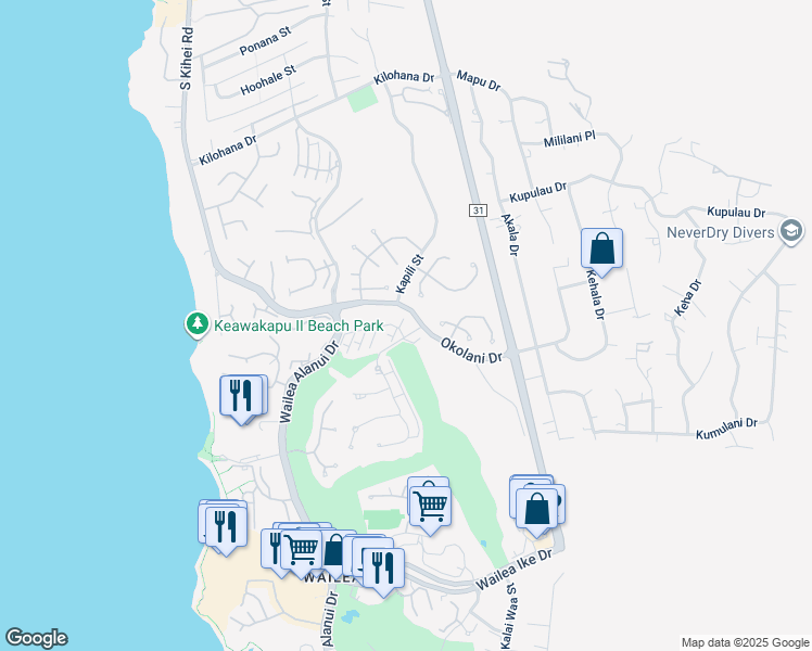 map of restaurants, bars, coffee shops, grocery stores, and more near 10 Kai Malu Drive in Kihei