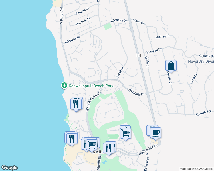 map of restaurants, bars, coffee shops, grocery stores, and more near 56 Kai Malu Drive in Kihei