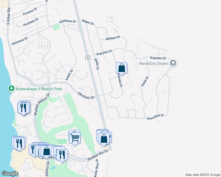 map of restaurants, bars, coffee shops, grocery stores, and more near 499 Mikioi Place in Kihei