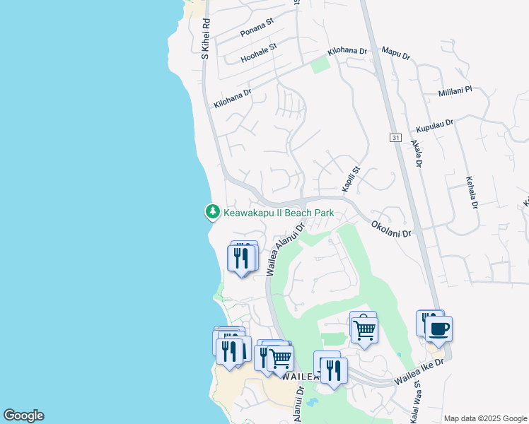 map of restaurants, bars, coffee shops, grocery stores, and more near 3300 Wailea Alanui Drive in Kihei