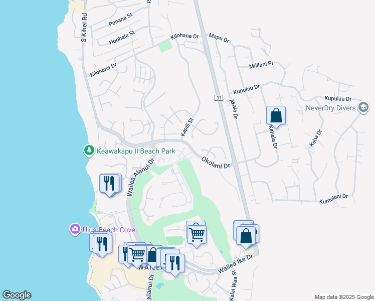 map of restaurants, bars, coffee shops, grocery stores, and more near 10 Kai Malu Drive in Kihei