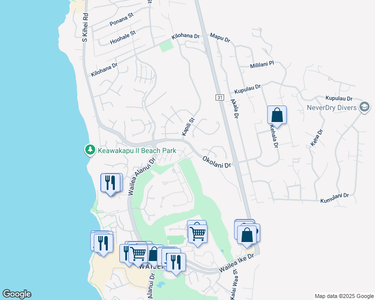 map of restaurants, bars, coffee shops, grocery stores, and more near 10 Kai Malu Drive in Kihei