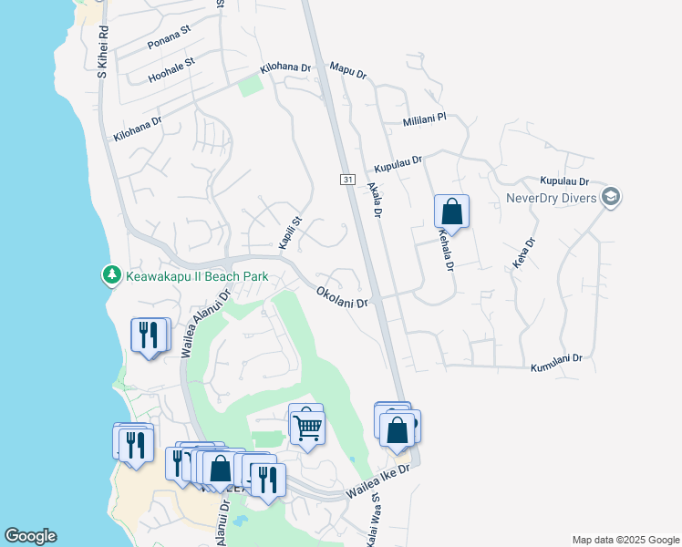 map of restaurants, bars, coffee shops, grocery stores, and more near 356 Kualono Place in Kihei