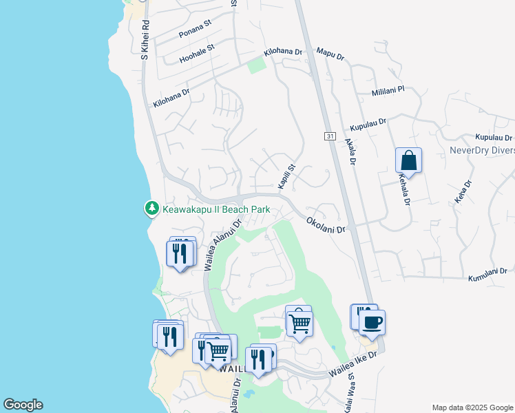 map of restaurants, bars, coffee shops, grocery stores, and more near 60 Kai Malu Drive in Kihei
