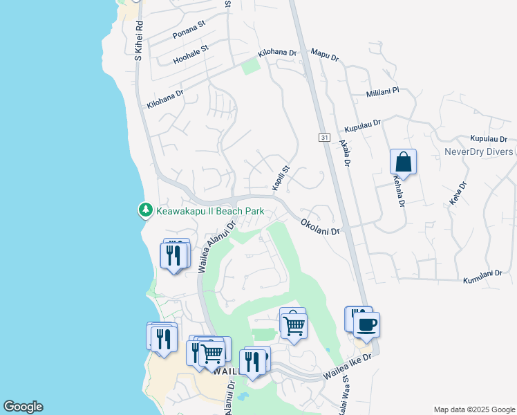 map of restaurants, bars, coffee shops, grocery stores, and more near 44 Kai Malu Drive in Kihei