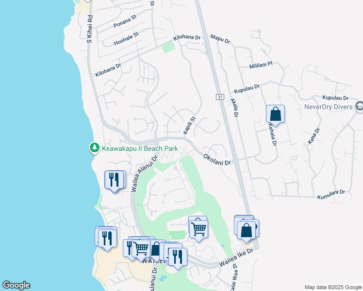 map of restaurants, bars, coffee shops, grocery stores, and more near 24 Kai Malu Drive in Kihei