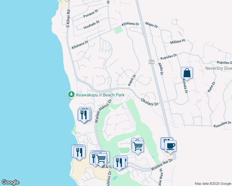 map of restaurants, bars, coffee shops, grocery stores, and more near 78 Kai Malu Drive in Kihei