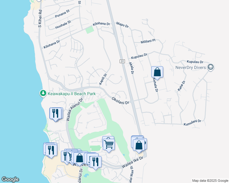 map of restaurants, bars, coffee shops, grocery stores, and more near 3367 West Lani Ikena Way in Kihei