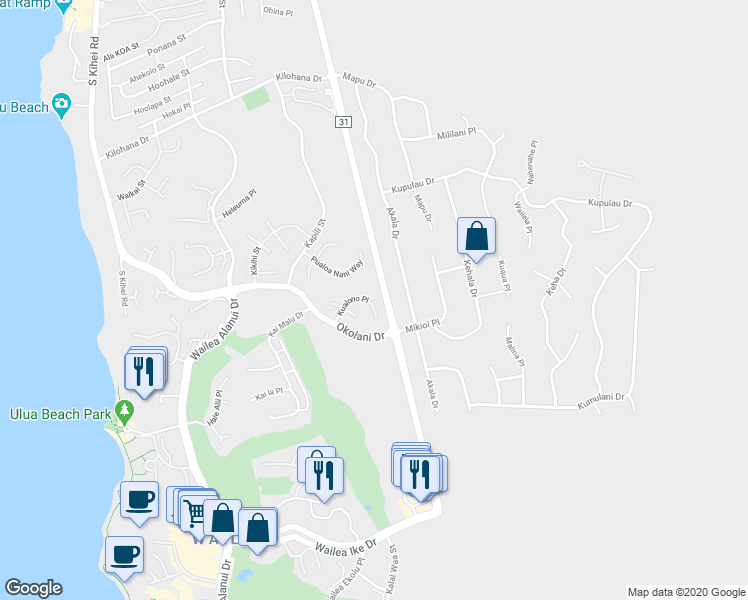 map of restaurants, bars, coffee shops, grocery stores, and more near 367 Kualono Place in Kihei
