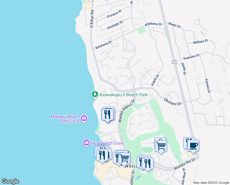 map of restaurants, bars, coffee shops, grocery stores, and more near 3300 Wailea Alanui Drive in Kihei