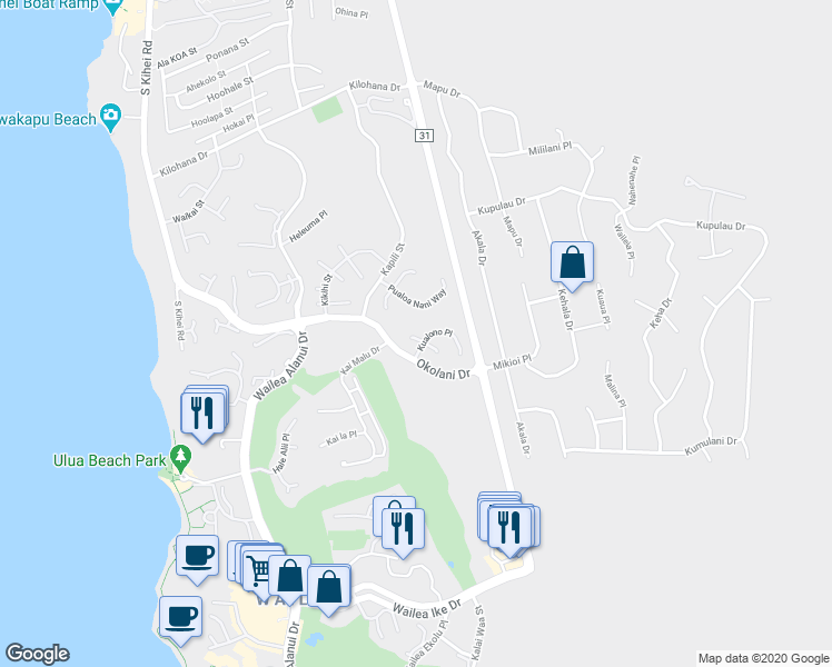 map of restaurants, bars, coffee shops, grocery stores, and more near 3367 West Lani Ikena Way in Kihei