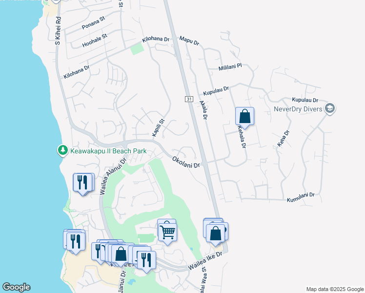 map of restaurants, bars, coffee shops, grocery stores, and more near 347 Kualono Place in Kihei