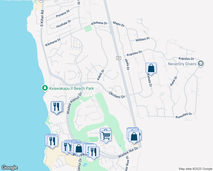 map of restaurants, bars, coffee shops, grocery stores, and more near 3351 West Lani Ikena Way in Wailea-Makena